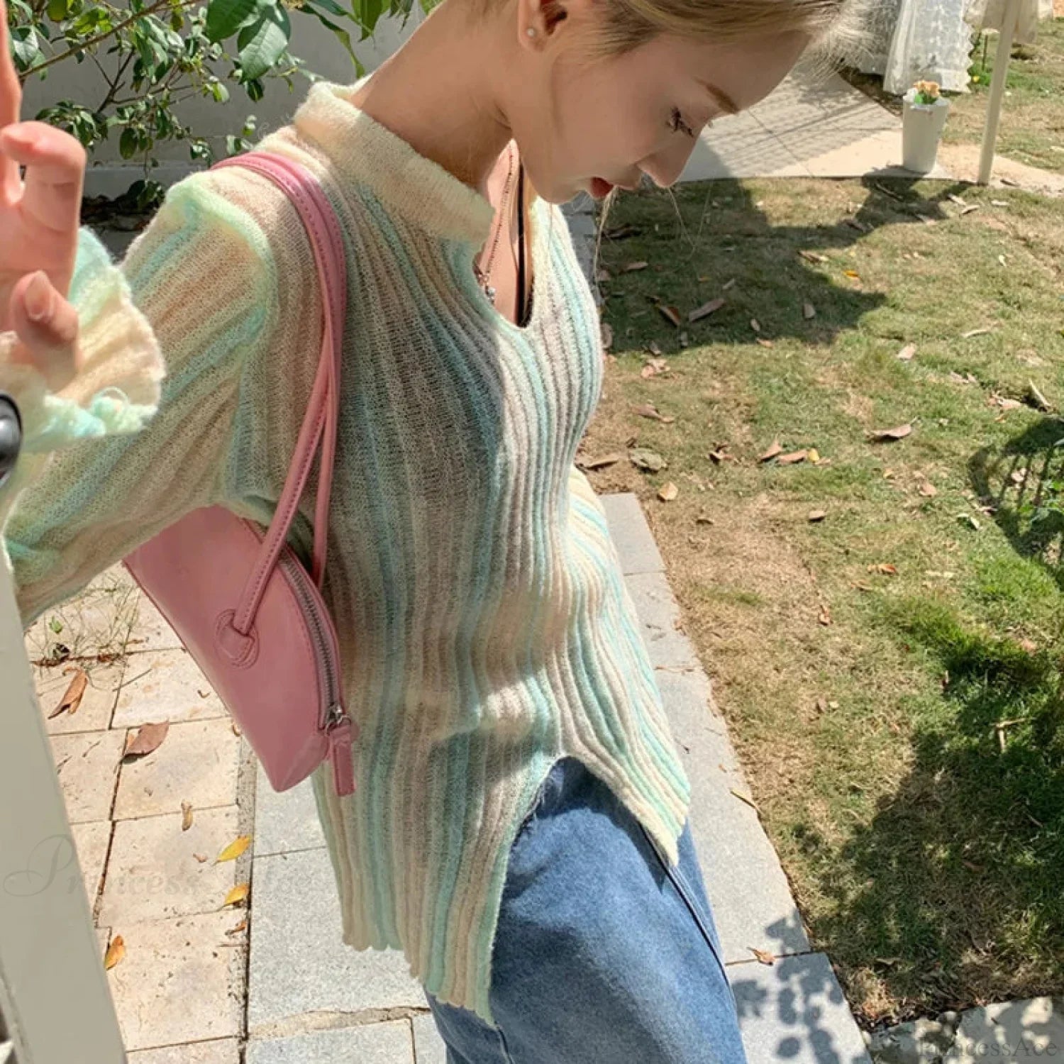 Y2K Vintage Long Sleeve Vertical Stripe Print Knit Top image 2