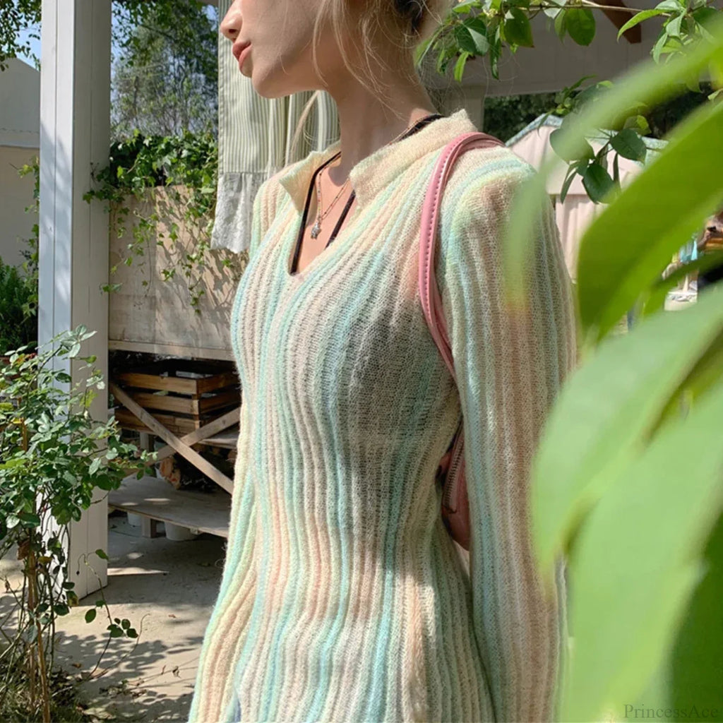 Y2K Vintage Long Sleeve Vertical Stripe Print Knit Top image 3