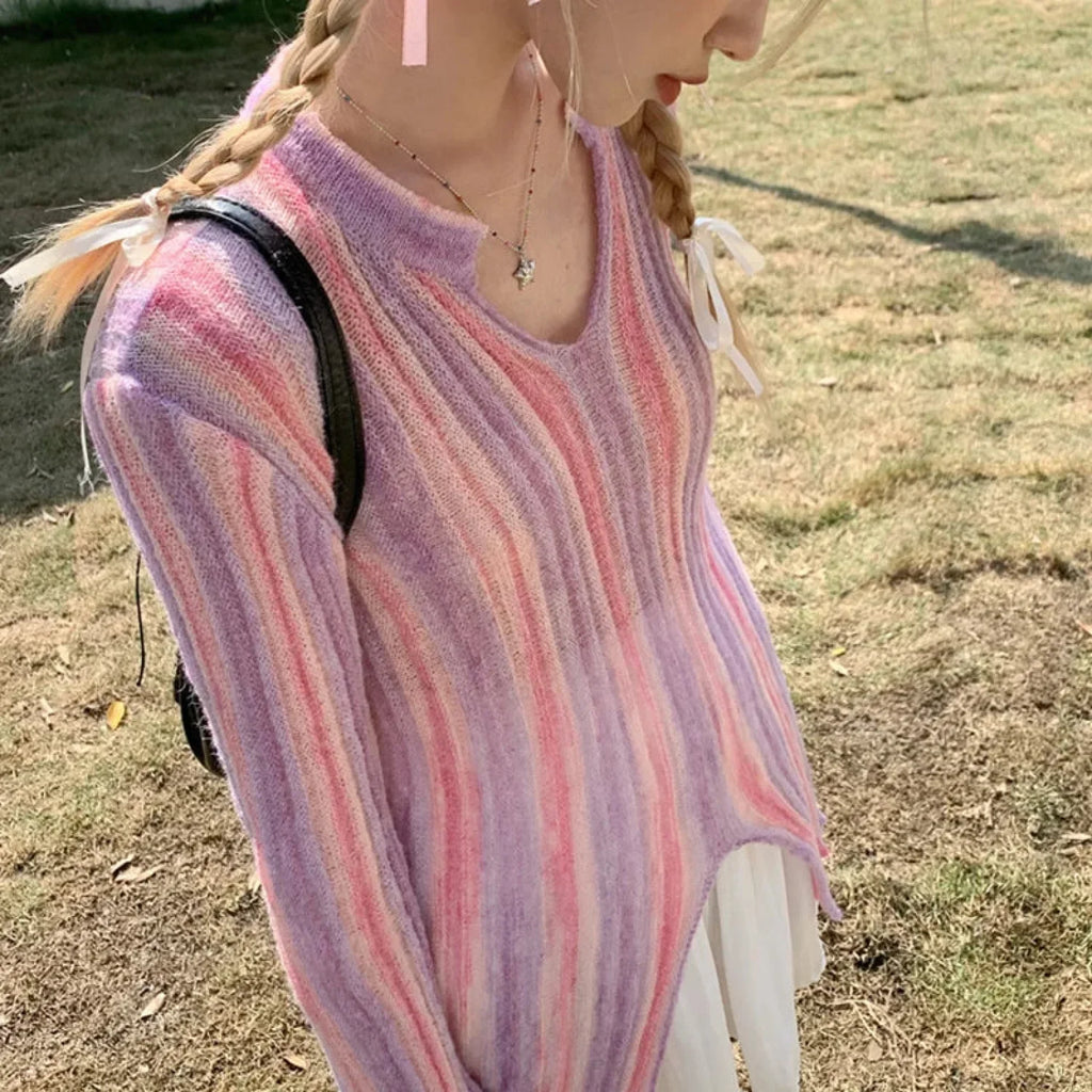 Y2K Vintage Long Sleeve Vertical Stripe Print Knit Top image 5