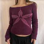 Y2K Vintage Off Shoulder Slim Fit Aesthetic Knit Top image 1
