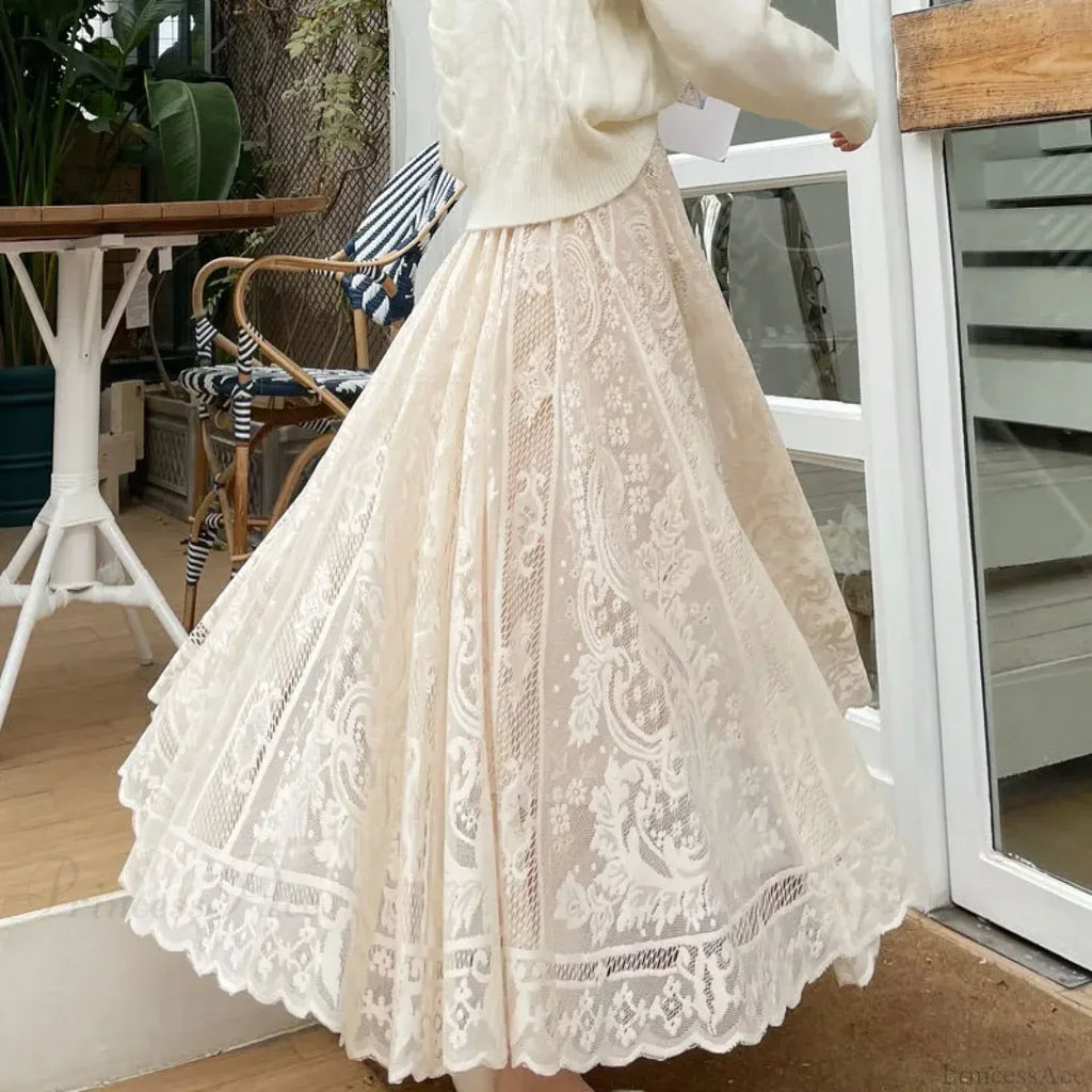 Y2K Women's Lace Crochet Umbrella Long Skirt Bohemian High Waist image 1