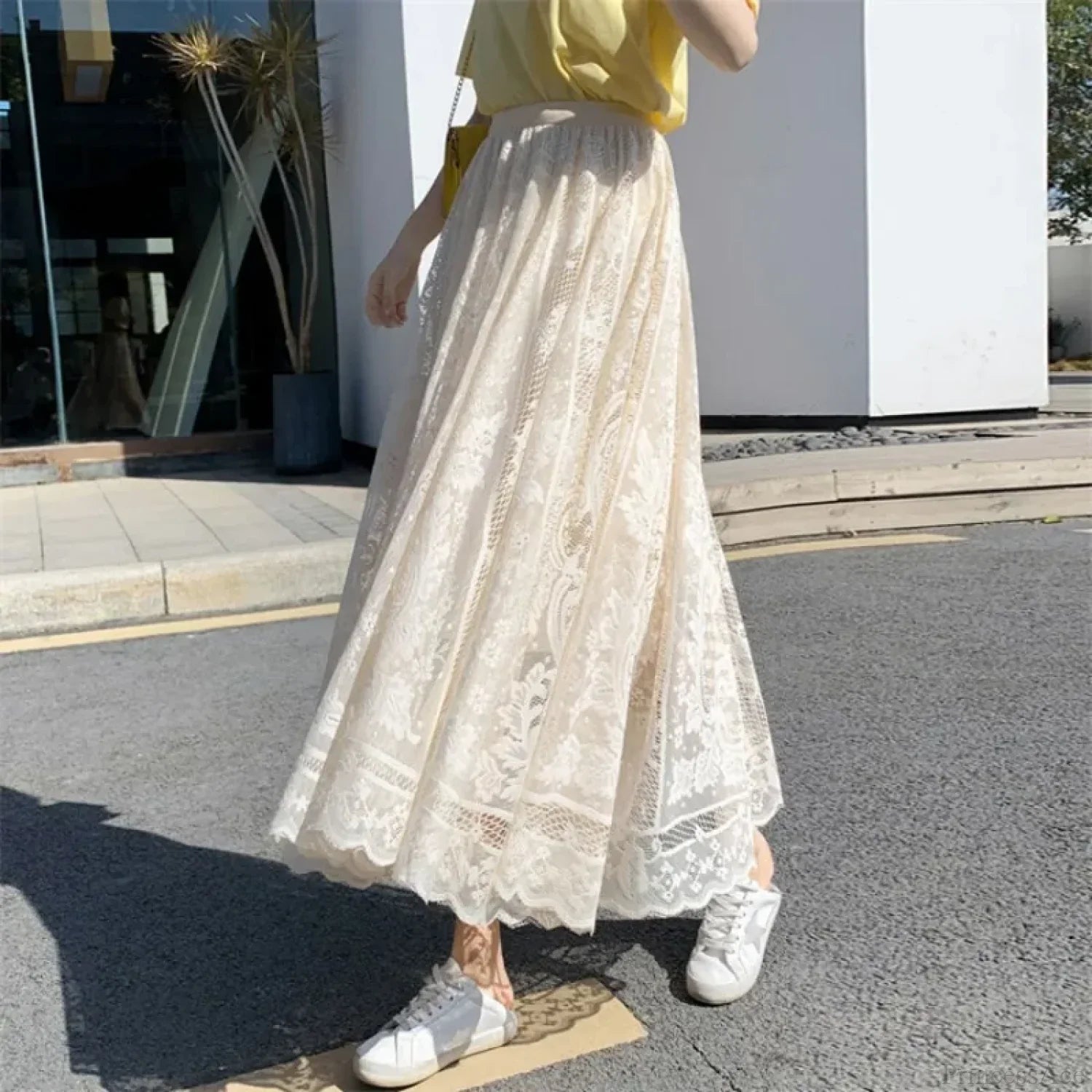 Y2K Women's Lace Crochet Umbrella Long Skirt Bohemian High Waist image 5