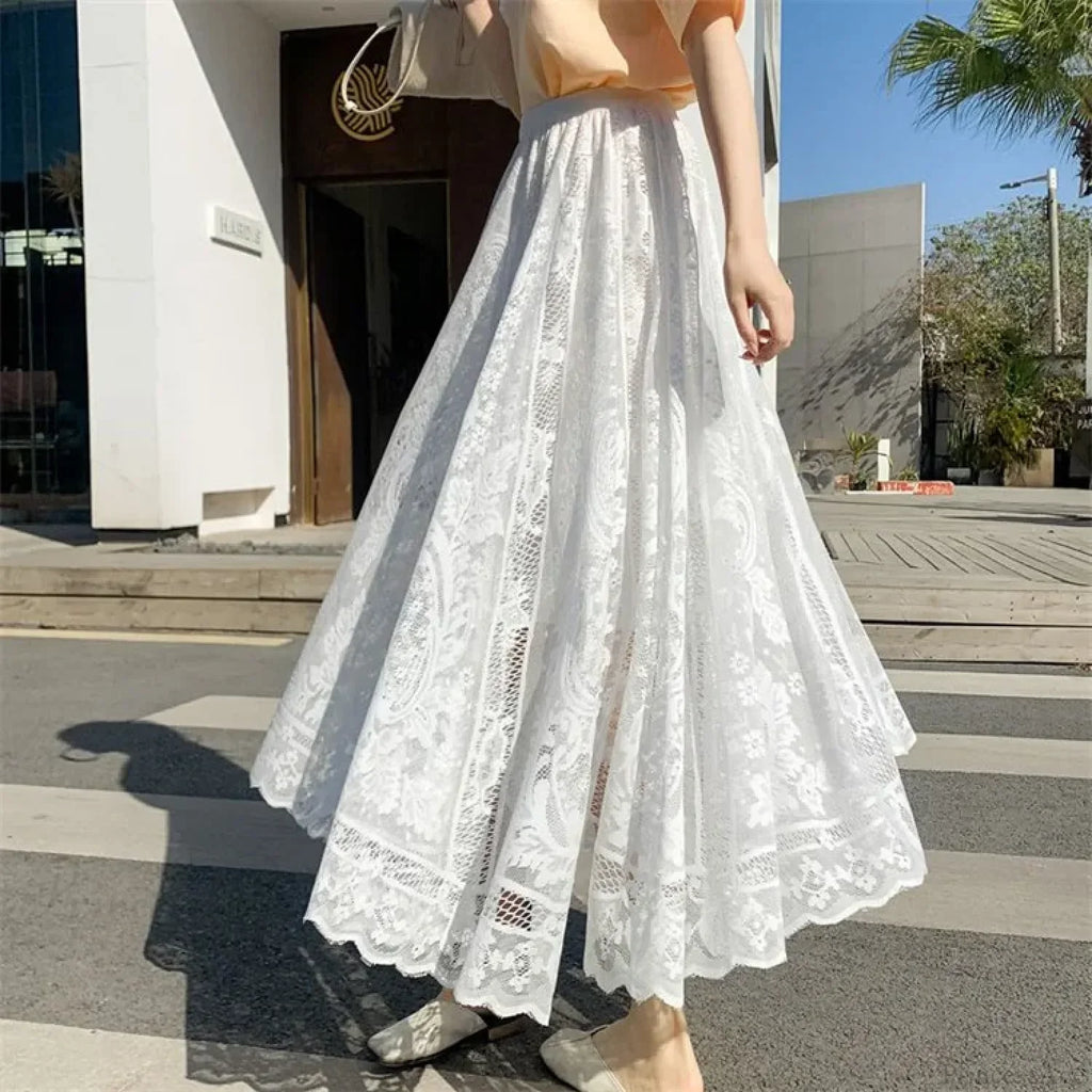 Y2K Women's Lace Crochet Umbrella Long Skirt Bohemian High Waist image 7