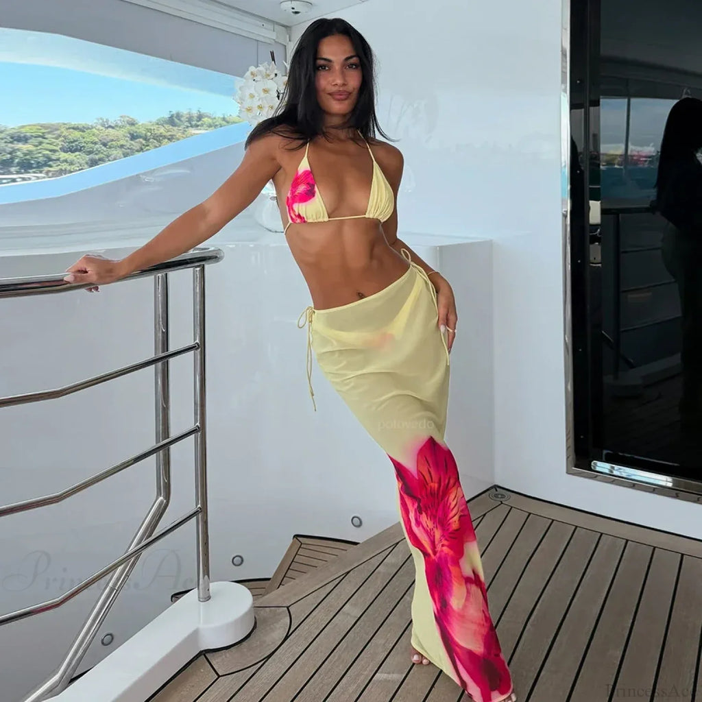 Yellow Floral Bikini Three Piece Swimsuit image 1
