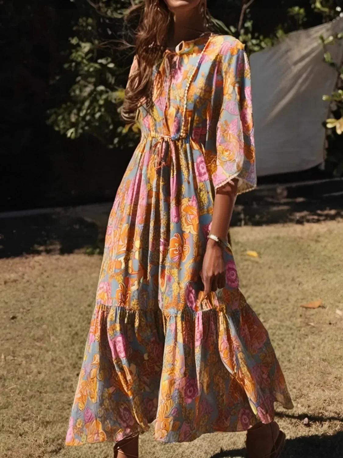Yellow Floral Print Batwing Sleeve Beach Summer Maxi Boho Dress image 1