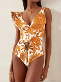 Yellow Sun Pattern V Neck One Piece Swimsuit image 1