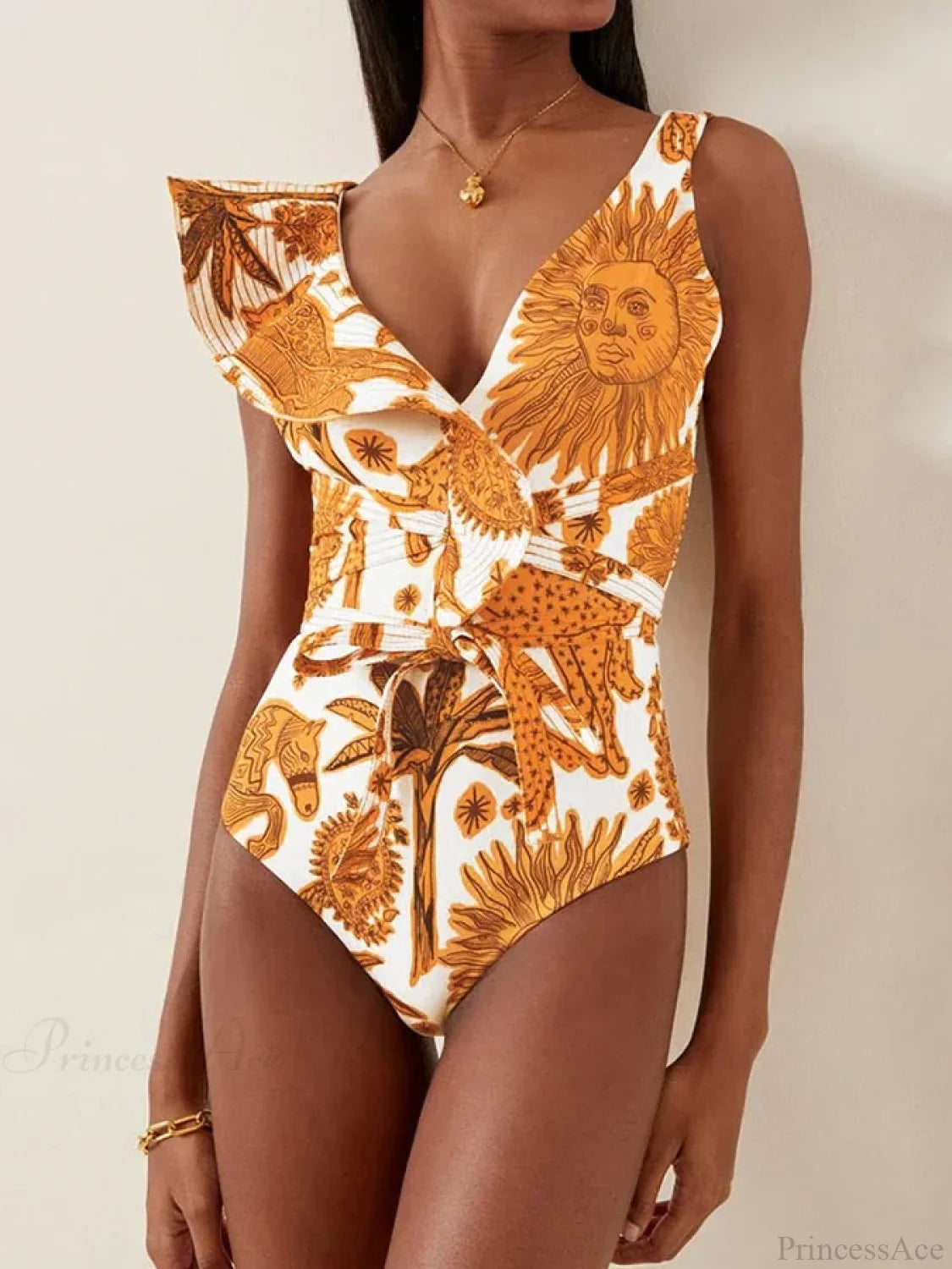 Yellow Sun Pattern V Neck One Piece Swimsuit image 1