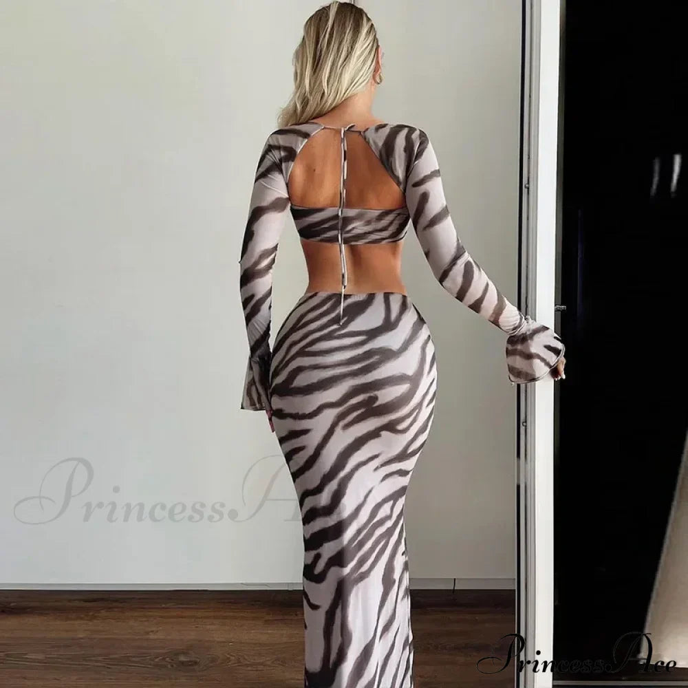 Zebra Print Y2K Skirt Two Piece Set Long Sleeve Backless Crop Top and Skirt Suit Maxi Dress image 3