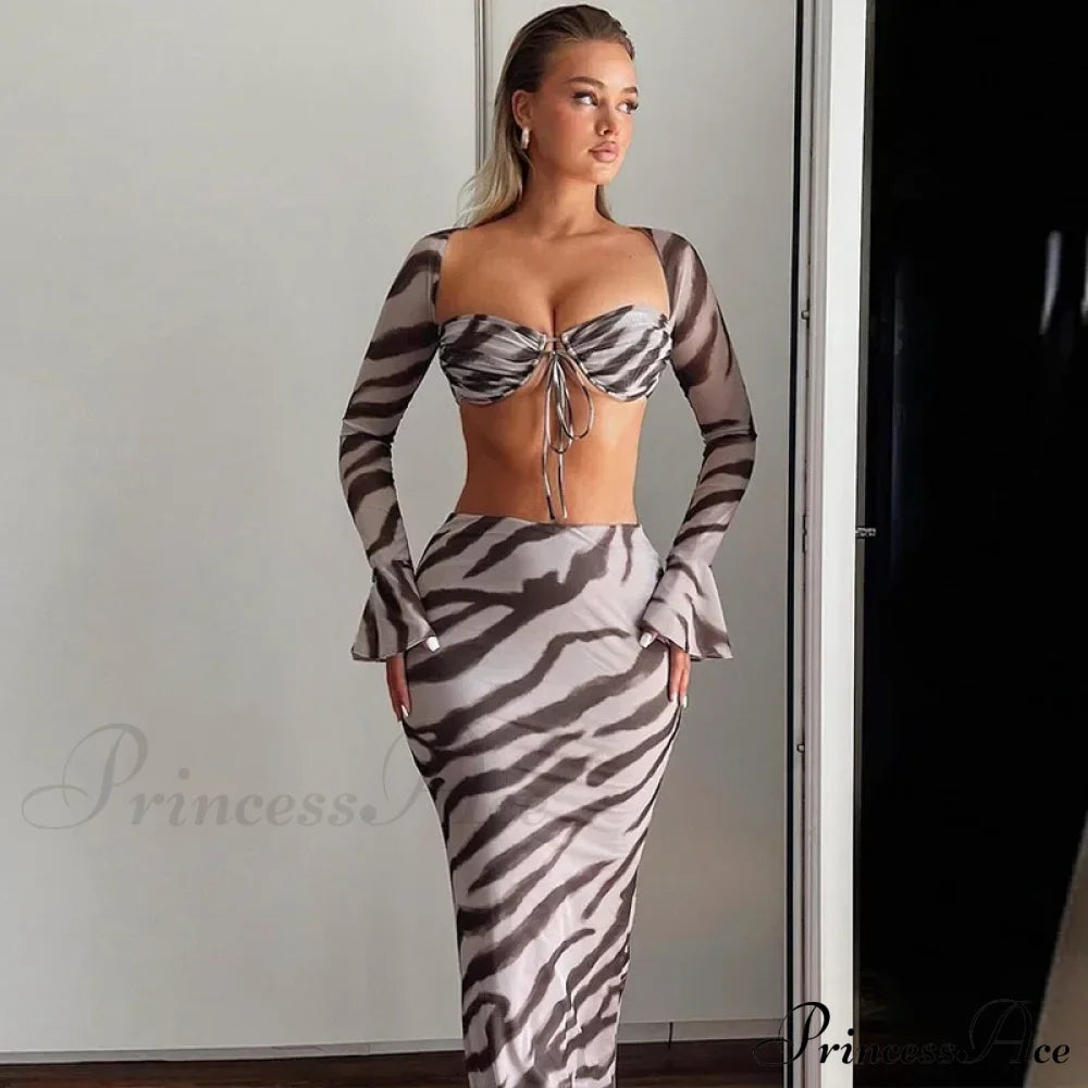 Zebra Print Y2K Skirt Two Piece Set Long Sleeve Backless Crop Top and Skirt Suit Maxi Dress image 1
