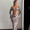 Zebra Print Y2K Skirt Two Piece Set Long Sleeve Backless Crop Top and Skirt Suit Maxi Dress image 1