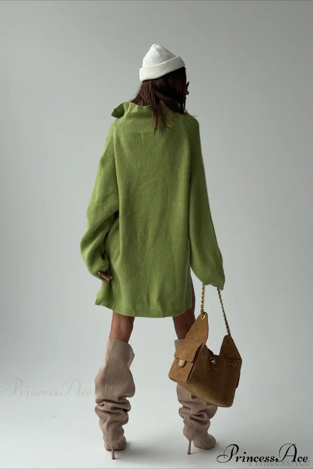 Zip Stand-Collar Thickened Solid Color Loose Sweater image 3