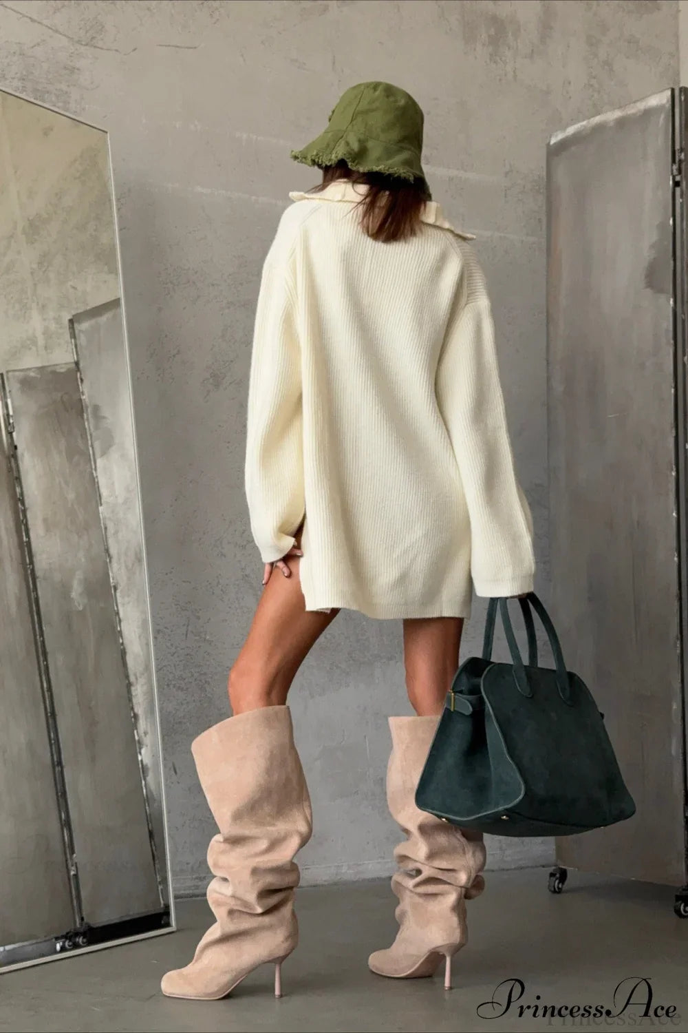 Zip Stand-Collar Thickened Solid Color Loose Sweater image 6
