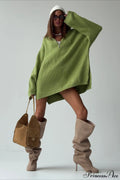 Zip Stand-Collar Thickened Solid Color Loose Sweater image 1