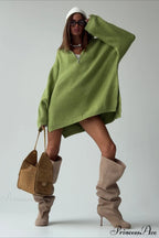 Zip Stand-Collar Thickened Solid Color Loose Sweater image 1